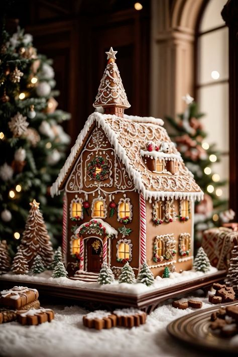 Gingerbread House Marshmallow, Gingerbread House Inspo Aesthetic, Gingerbread House Ideas Aesthetic, Gingerbread Cottage House, Candy Cane Gingerbread House, Ginger House Christmas, Ginger Bread House Decor Ideas, Big Gingerbread House, Gingerbread House Aesthetic