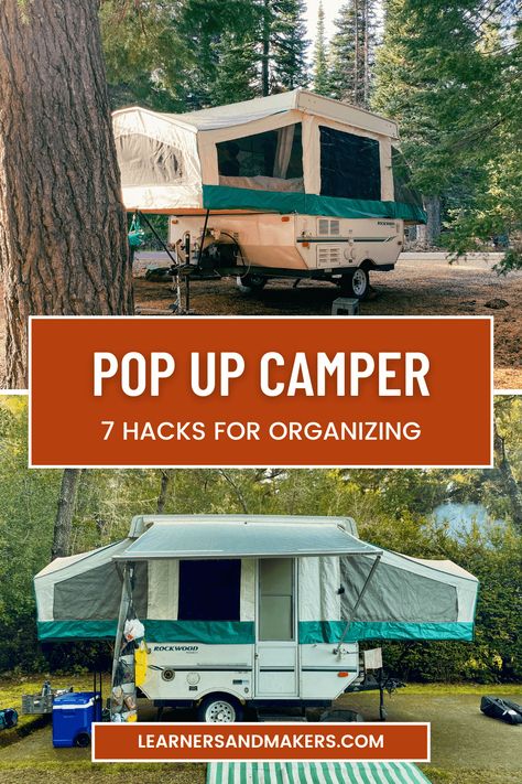 7+ pop up camper hacks [USED RV TIPS] · Learners and Makers Pop Up Glamping, Tent Camper Remodel, Travel Camper Ideas, Outdoor Trailer Ideas, Pop Up Camper Camping, Pop Up Camper Kitchen Storage, Pop Camper Hacks, Pop Up Trailer Organization, Pop Up Hacks