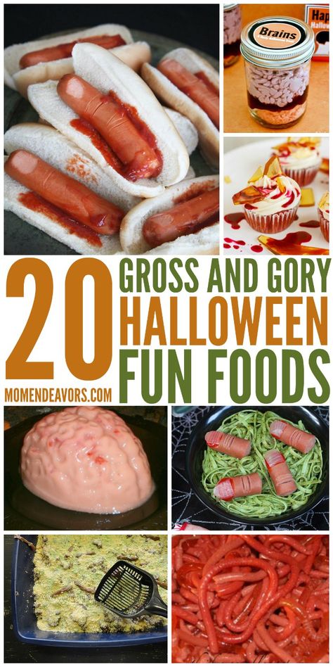 20 + Totally Gross & Gory Halloween Fun Food Ideas! Gross Halloween Foods, Halloween Potluck, Creepy Food, Creepy Halloween Food, Scary Food, Cute Halloween Treats, Halloween Themed Food, Halloween Food Appetizers, Gross Food