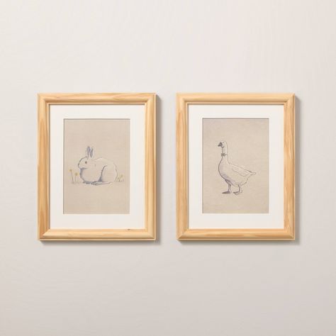 Liven up your baby's nursery with this Bunny and Duck Sketch Framed Wall Art from Hearth & Hand™ with Magnolia. The set of two wall art pieces features a bunny and a duck sketch with natural pine frames that uplift the decor of any room. Plus, they're designed for easy hanging with sawtooth backs. Hearth & Hand™ with Magnolia: Gather • Create • Enjoy Black And White Nursery Art, Neutral Nursery Wall Art, Vintage Nursery Prints, Magnolia Nursery, Bunny Themed Nursery, Bunny And Duck, Duck Sketch, Baby Room Artwork, Daisy Nursery