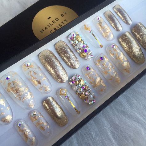 Gold Foil Glitter Swarovski Press On Nails | Mermaid Bling Nails | Fake False Glue On Nails | Any Shape by NailedByCristy on Etsy https://www.etsy.com/listing/398130823/gold-foil-glitter-swarovski-press-on Pearl Nails With Gold, Nails With Gold Flakes, Nails With Gold, Ten Nails, Pearl Nails, Fabulous Nails, Gold Flakes, Bling Nails, Dope Nails