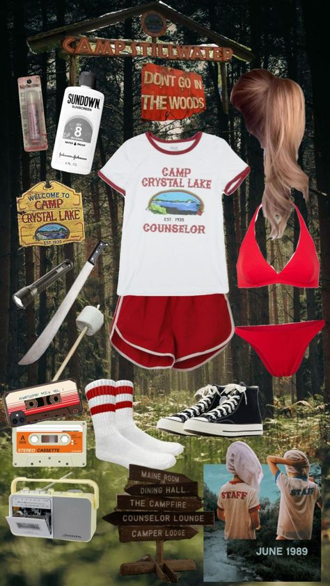 70s 80s Slasher Summer Camp Aesthetic Slasher Summer Camp, 80s Slasher Summer, Summer Camp Aesthetic Outfits, Camp Counselor Outfit, Cryptidcore Outfit, Camp Counselor Aesthetic, Camping Aesthetic Outfits, Camp Tshirt Designs, 80s Summer Outfits