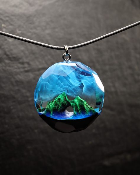 Handmade round pendant from black hornbeam wood and epoxy resin with summer mountains inside. Glow in the dark! Epoxy Resin Necklace, Summer Mountains, Wood Resin Jewelry, Mountain Jewelry, Epoxy Resin Art, Wood Necklace, Wood Resin, Resin Necklace, Crystal Art