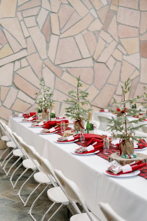 Italian style Christmas wedding table decorations! #christmaswedding #tabledecor #christmastabledecor #minichristmastree #ministockings #buffalocheck #hannahjonesevents Christmas Wedding Table Decorations, Picnic Table Wedding, Christmas Wedding Table Decor, Christmas Wedding Table, Table Wedding, Wedding Table Decorations, Wedding Table Decor, Wedding Christmas, Buffalo Check