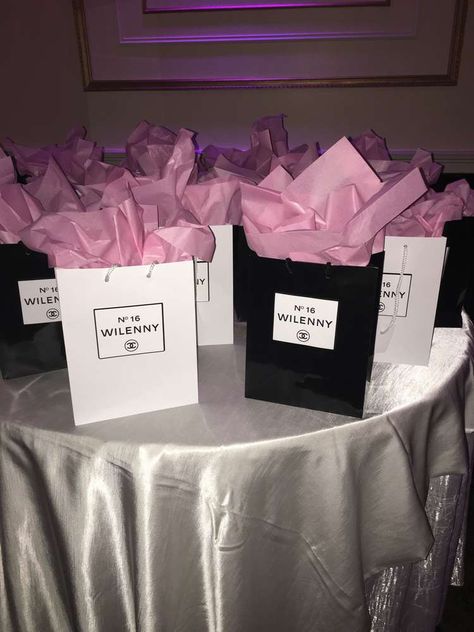 Air Bnb Sweet 16, Chanel Themed Birthday Party Sweet 16, Sweet 16 Goodie Bags Ideas, Sweet 16 Gift Bags Ideas, Designer Birthday Party Ideas, Sweet 16 Goody Bag Ideas, Sweet 16 Birthday Party Ideas Decoration, Cute Sweet 16 Party Ideas, Chanel Themed Birthday Party