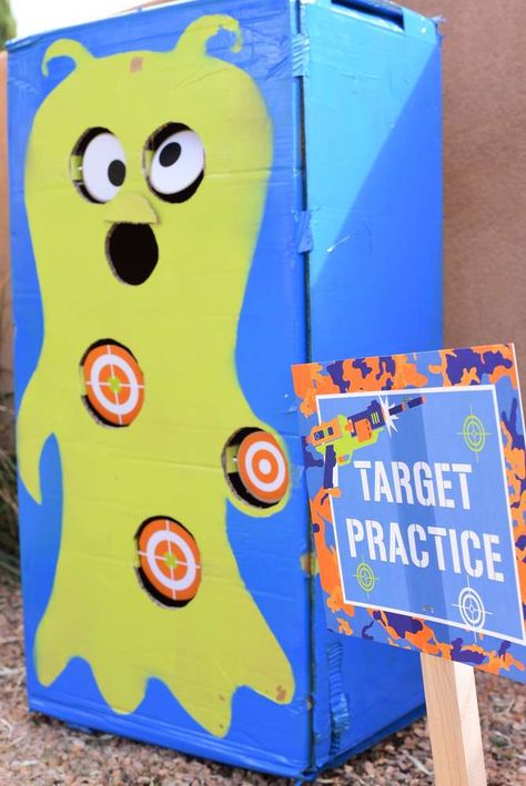 Nerf Birthday Party Ideas, Carnival Birthday Party Games, Alien Birthday Party, Nerf Games, Nerf Birthday Party, Alien Party, Nerf Party, 38th Birthday, Target Practice