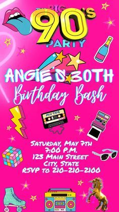 #party #birthday #invitation #90s 90s Birthday Party Theme For Adults, 90s Party Ideas, 90th Birthday Invitations, Birthday Video Invitation, 90s Theme Party, Party Like Its 1999, 80s Theme Party, 90's Birthday Party, 90s Throwback