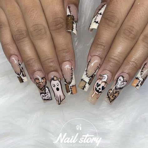 Nude Halloween Nails, Spooky Fall Nails, Square Nails Designs, B Day Nails, 21st Birthday Nails, Baddie Aesthetics, Diy Self Care, Disney Acrylic Nails, Fancy Nail Art