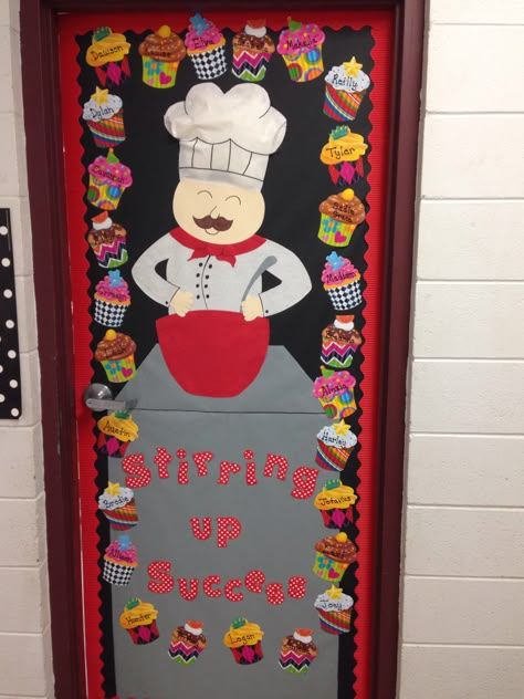 Handmade chef I did for classroom door. Chef Classroom Theme, Chef Bulletin Board Ideas, Food Door Decorations Classroom, Food Theme Classroom Decorations, Italy Door Decorating Classroom, Culinary Arts Bulletin Board Ideas, Restaurant Themed Classroom, Ratatouille Classroom Theme, Cooking Theme Classroom