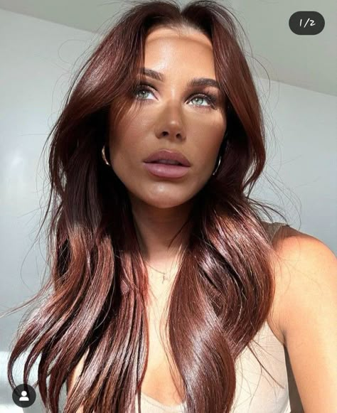 Hairsalon Outfits, Choc Brown Hair, Cherry Chocolate Brunette Hair, Dark Copper Hair Auburn, Dark Brown Copper Hair, Cherry Brunette Hair, Cherry Chocolate Hair, Chocolate Cherry Brown Hair, Hair Colour Inspo