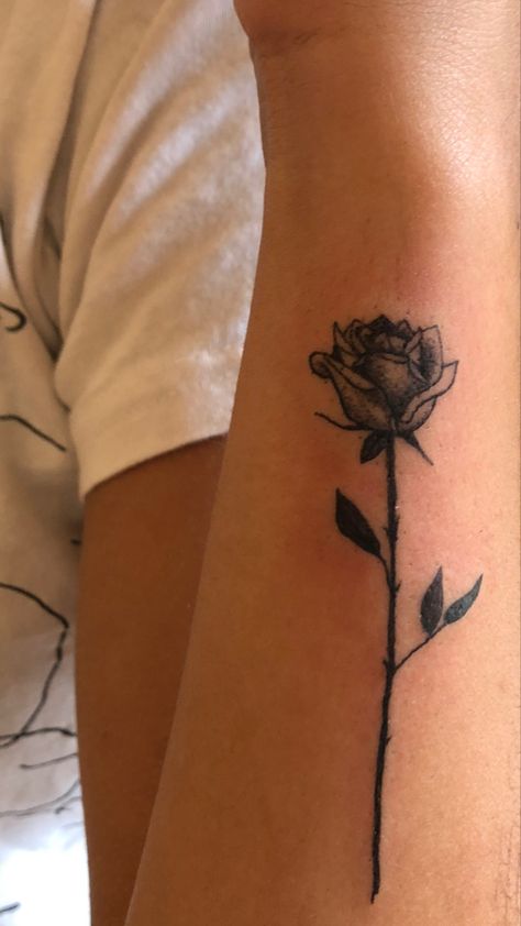 Small rose tattoo on forearm with shading in black Rose Tattoo Shaded, Rose Tattoo On Arm, Tattoo On Arm, Shade Roses, Tattoo Shading, Small Rose Tattoo, Shade Flowers, Small Rose, Rose Tattoos