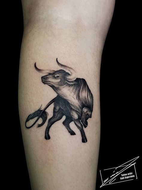 Bull Skull Taurus Tattoo, Trader Tattoo Ideas, Taurus Zodiac Tattoo Men, Oxen Tattoo, Bull Zodiac Tattoo, Ox Tattoo Zodiac, Bull Neck Tattoo, Ox Zodiac Tattoo, Charging Bull Tattoo