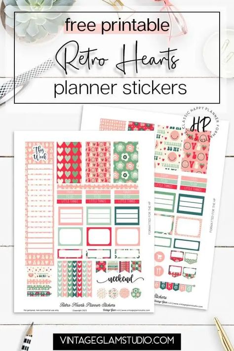 Free Retro Hearts Weekly Planner Stickers - Classic Happy Planner - At A Glance Planner, Glam Studio, Planner Vintage, Recollections Planner, Happy Planner Classic, Types Of Planners, Plum Paper Planner, Mambi Happy Planner, Weekly Planners