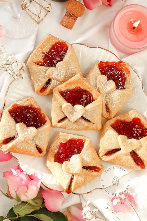 Vegan Love Letter Pastries - The Little Blog Of Vegan Love Letter Puff Pastry, Easy Vegan Puff Pastry Dessert, Cafe Pastries Recipes, Love Letter Pastries, 2023 Dessert Trends, Cute Pastries Recipes, Valentines Day Party Snacks, Cute Birthday Food, Easy Pastries Recipes