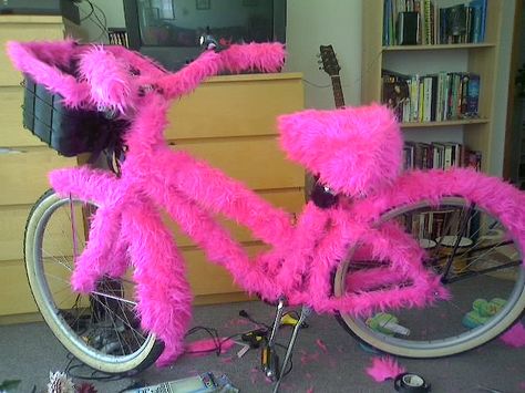 just about done, Pink Fur Bike by Ashley Steel, via Flickr Burning Man Bike, Low Rider Bike Bicycles, Bike Parade, Fantasy Fest, Manly Decor, Bike Training, Lowrider Bike, Burning Man Festival, Day Glow