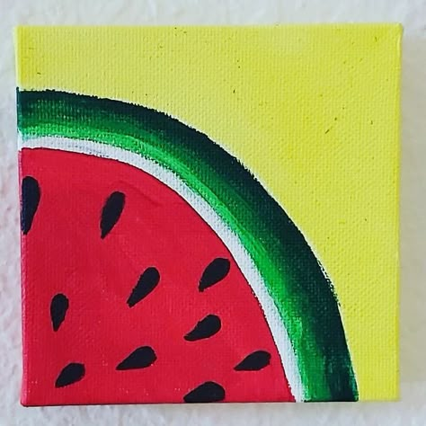 Canvas Painting Ideas Fruit, Drawing Ideas Smiley Face, Watermelon Painting Acrylics, Fruit Painting Easy, Watermelon Paintings, Watermelon Drawing, Mini Tela, Watermelon Painting, Diy Canvas Art Easy