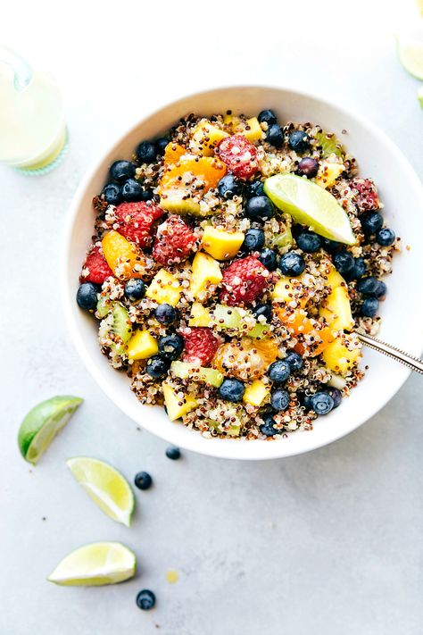 Fruity Quinoa Salad combines fresh fruit and quinoa with a tangy citrus dressing.  This is pure bliss in a bowl ... Quinoa Fruit Salad, Dried Fruit Recipe, Sweet Potato Quinoa Salad, Lime Quinoa, Best Fruit Salad, Fruit Recipe, Italian Chopped Salad, Citrus Dressing, Fruit Salad Easy