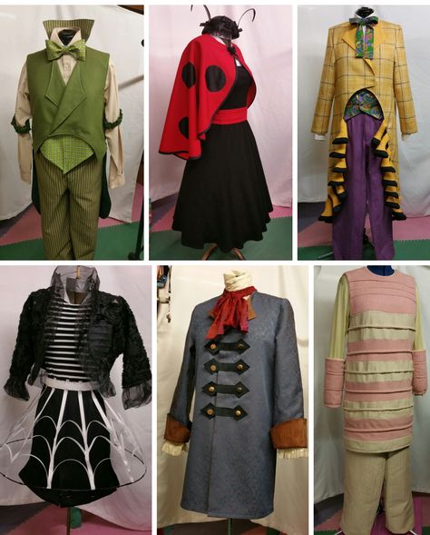 Grasshopper, Ladybug, Centerpeid, Spider, Ladahlord and Earthworm James And The Giant Peach Musical, Centipede Costume, Grasshopper Costume, Peach Craft, James And The Giant Peach Costume, Roald Dahl Costumes, James And Giant Peach, Roald Dahl Day, Bug Costume