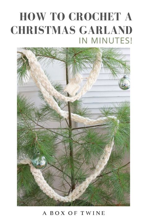 Quick Crochet pattern - check out this easy crochet Christmas garland pattern. Hang the yarn garland on your Christmas tree, banister, or mantel. It takes minutes to make! #crochetgarland #christmasgarland #easycrochet Crocheted Christmas Tree Garland Free Pattern, Crochet Christmas Tree Garland Pattern Free Easy, Crochet Chain Garland, Easy Crochet Christmas Garland, Simple Crochet Garland, Crocheted Christmas Tree Garland, Crochet Garland For Christmas Tree, Chunky Crochet Garland, Crochet Tree Garland Free Pattern