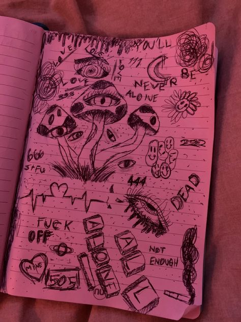 Drawings With Mushrooms, Grunge Mushroom Drawing, Notebook Doodles Aesthetic, Grunge Drawing Ideas Doodles, Vent Sketchbook, Doodle Ideas Grunge, Vent Doodles, Alt Doodles, Emotional Doodles