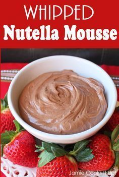 Whipped Nutella Mousse - super simple: 3 ingredients. Use it as a fruit dip, crepe filling, or in a bowl with a spoon! Strawberries And Nutella Ideas, Nutella Whipped Cream Filling, Nutella Mousse Filling, Nutella Dipped Strawberries, Chocolate Crepe Filling, Whipped Nutella Frosting, Nutella Dipping Sauce, Nutella Cream Filling, Nutella Cake Filling Recipes