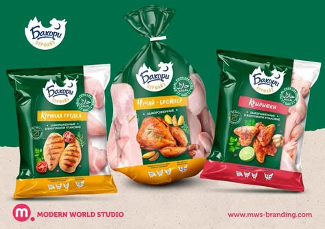 The manufacturer of halal products from Tajikistan entrusted us with the redesign of the trademark, the development of corporate identity and the design of packages for chicken meat. The redesign of the logo was needed for several reasons. The old logo did not convey the essence of the company's field of activity and at first glance it was unclear in which field BAHOR works, now this flaw has been eliminated. After the redesign, the logo has become modern, communicative and "friendly". Chicken Meat Packaging, Frozen Chicken Packaging, Chicken Packaging Design, Meal Delivery Packaging, Chicken Packaging, Sales Poster, Truck Branding, Fried Chicken Skin, Halal Chicken