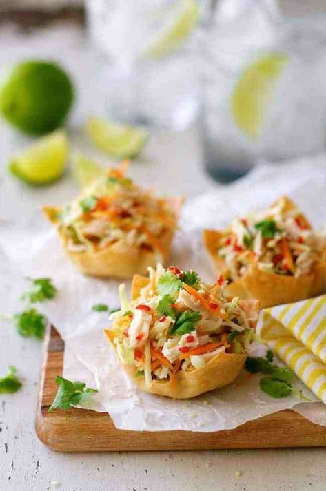 Closeup shot of Thai Chicken Salad Wonton Cups Chicken Salad Wonton Cups, Salad Wonton Cups, Chicken Salad Wontons, Chicken Salad Ingredients, Thai Chicken Salad, Wonton Cups, Won Ton, Wonton Recipes, Small Food