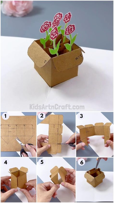 DIY Cardboard Box Flower Pot Craft Tutorial For Kids Check more at https://www.kidsartncraft.com/cardboard-flower-pot-craft-tutorial/ Cardboard Pot Diy, Cardboard Flower Pot, Cardboard Ideas, Cardboard Crafts Kids, Pot Craft, Cardboard Cat House, Cardboard Cat, Paper Pot, Felt Flowers Diy