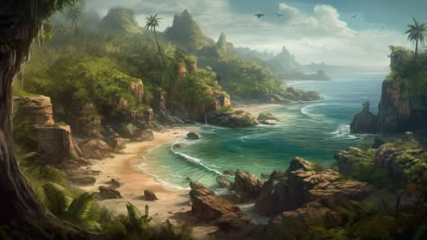 Tropical Island Concept Art, Dnd Island, Mythical Places, Survival Island, Tropical Environment, Island Survival, Hollow Earth, Uninhabited Island, Magic Island