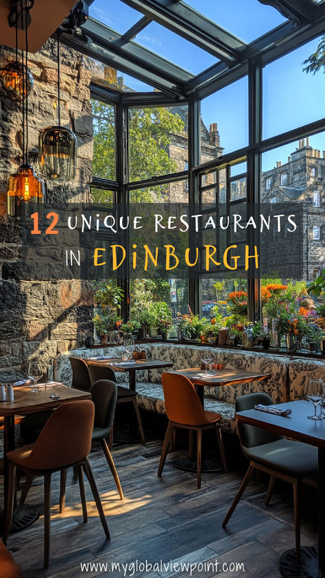 A chic restaurant in Edinburgh featuring a sunlit glass atrium, stone walls, and stylish seating with floral upholstery, creating a cozy yet modern dining atmosphere. Places To Eat Edinburgh, Edinburgh Food Guide, Edinburgh Restaurants Best, Where To Eat In Edinburgh, Edinburgh Aesthetic Dark, Edinburgh February, Edinburgh Cafe, Restaurants In Edinburgh, Travel 2025