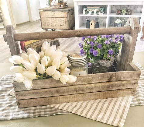 Antique Wood Tool Box Decor, Rustic Tool Box Decor, Wooden Toolbox Centerpiece, Wood Tool Box Planter, How To Decorate A Wooden Tool Caddy, Tool Box Planter, Vintage Tool Caddy Decor, Decorating With Old Wooden Tool Boxes, Wooden Toolbox Decor