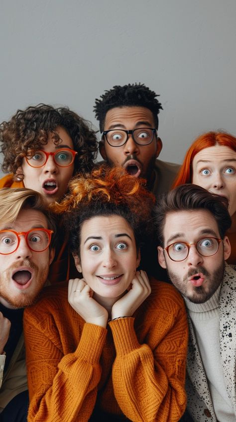 Surprised Group Pose: A group of six diverse friends expressing surprise and excitement, standing close together with wide eyes. #friends #surprised #expressive #diverse #glasses #aiart #aiphoto #stockcake ⬇️ Download and 📝 Prompt 👉 https://ayr.app/l/8VGn Group Pose, Wide Eyes, Group Poses, Beach Portraits, Group Photos, Happy People, A Group, Animal Drawings, Free Photos