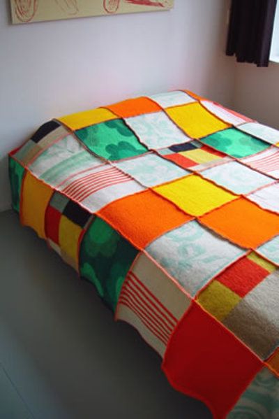 patchwork blanket of recycled woolen blankets by MeS textiles. This would be great with other colours as well, a bit too orange for me! Wool Blanket Upcycle, Recycled Blankets, Sweater Quilt, Woollen Blankets, Recycled Sweaters, Patchwork Blanket, Wool Quilts, Blanket Sweater, Upcycle Sweater