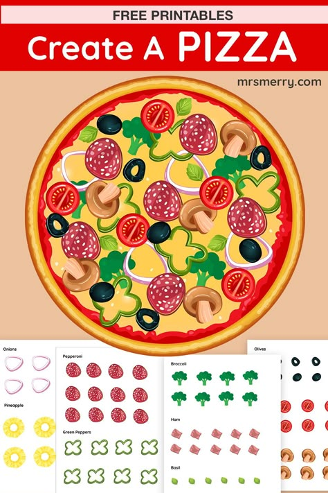 Make a pizza with this fun kid craft consisting of 5 pages and 10 different toppings! Free printable. Great boredom buster. #freeprintables #freekidscrafts #makeapizzacraft Make A Pizza Craft, Make A Pizza Printable, Pizza Slice Template Free Printable, Build A Pizza Printable, Pizza Toppings Printable For Kids, Food Clipart Free Printable, Pizza Template Free Printable, Pizza Crafts For Kids, Printable Pizza Toppings