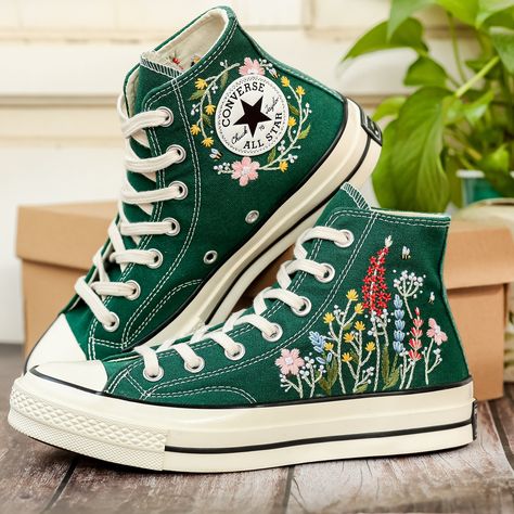 Custom Embroidered Shoes Chuck Taylor, Green Sneakers Embroidery Wildflowers, Garden Flower Embroidered Converse, Unique Gifts for Her 💚 Immerse yourself in the intricate craftsmanship as we lovingly hand embroider rustic flowers onto your chosen Converse pair 💚 🌿 The listed price encompasses both the Converse Shoes and the showcased Embroidery Designs. 1. MANUFACTURING PROCEDURE 🌿 Upon receiving your order, we initiate the shoe preparation process. If your chosen shoes are readily available Green Custom Converse, Green Embroidered Converse, Casual Spring Sneakers With 3d Embroidery, Casual Sneakers With 3d Embroidery For Spring, Multicolor Embroidered Sneakers For Summer, Floral Embroidered Sneakers With Round Toe For Summer, Floral Embroidered Summer Sneakers With Round Toe, Summer Embroidered Lace-up Sneakers, Floral Embroidered Summer Sneakers