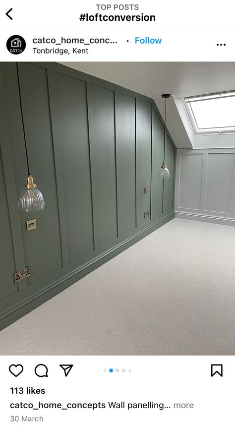 Neutral Loft Bedroom, Edwardian Loft Conversion, Green Panelled Bedroom, Eave Storage, Loft Bedroom, Loft Room, Bedroom Panel, Attic Bedroom, Attic Rooms