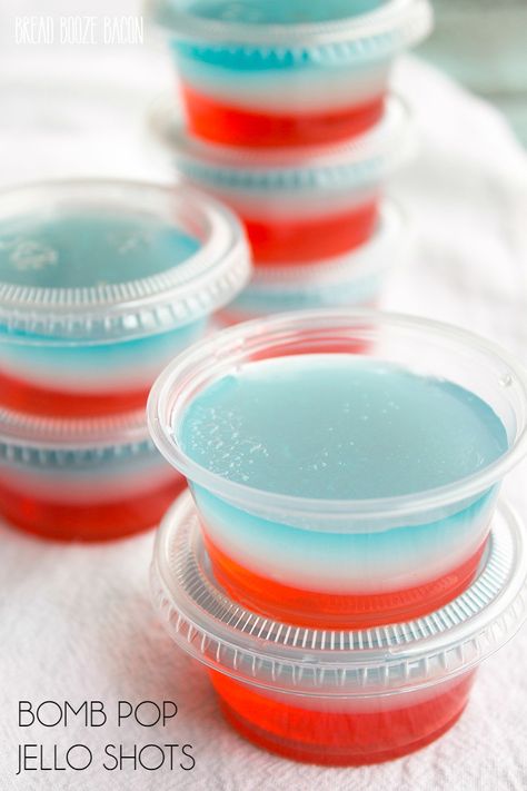 Turn one of your favorite popsicles into Bomb Pop Jello Shots! They're the perfect treat for Memorial Day or 4th of July parties! #BreadBoozeBacon #JelloShots #rum #summer Alcohol Jello Shots, Jello Pudding Shots, Memorial Day Foods, Bread Booze Bacon, Layered Drinks, Dessert Shots, Pudding Shots, Jello Shot Recipes, Bomb Pop