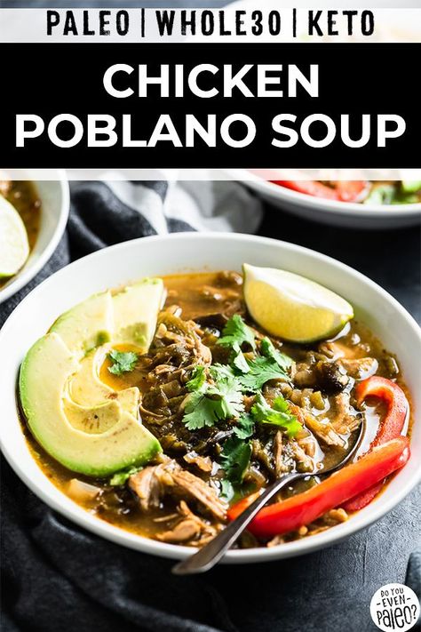 Hearty but simple, this chicken poblano soup makes a perfect weeknight recipe or meal prep idea! With a broiler, you can roast poblano peppers at home for this simple paleo poblano recipe. It's also Whole30, keto, and low carb. #paleo #whole30 #lowcarb #keto #paleorecipes Roasted Poblano Soup, Chicken Dairy Free, Chicken Poblano Soup, Poblano Recipes, Chicken Poblano, Poblano Soup, Simple Paleo, Roasted Poblano Peppers, Paleo Soups