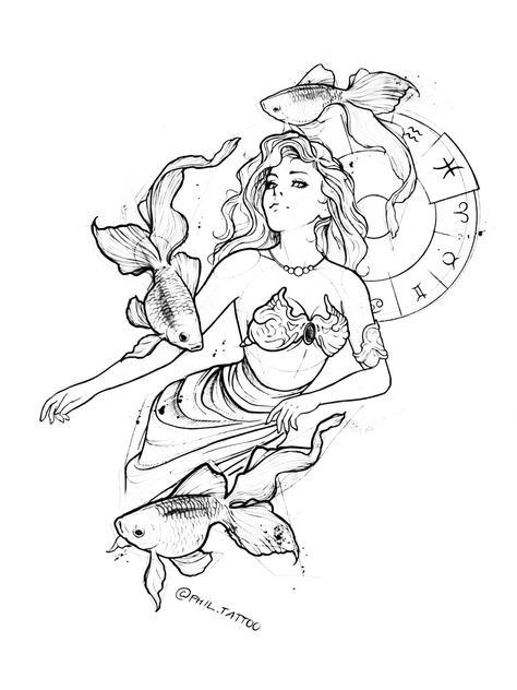 Pisces Tattoo Ideas For Women, Pisces Goddess Tattoo, Pisces Tattoo Designs, Line Tattoo Ideas, Japanese Tattoo Symbols, Small Girly Tattoos, Libra Tattoo, Single Line Tattoo, Disney Drawings Sketches