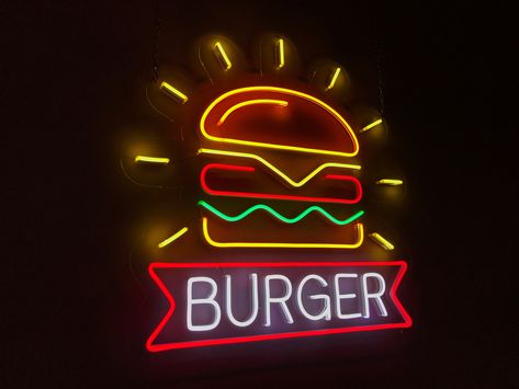 Fast Food Neon Sign, Burger Restaurant Logo Design, Burger Neon Sign, Neon Burger, Burger Neon, Cafe Neon, Bread Icon, Coffee Neon Sign, Coffee Neon