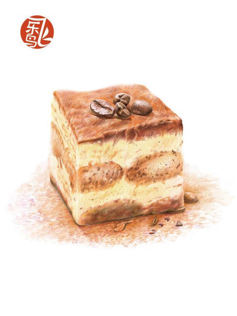 Tiramisu Drawing, Tiramisu Illustration, Drawing Dessert, Desserts Drawing, Dessert Illustration, Food Artwork, Food Sketch, Food Cartoon, Food Illustration Art