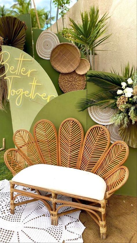 Boho Wooden Chair, Tropical Chair Decor, Rattan Photo Backdrop, Boho Art Deco Wedding, Safari Event Decor, Tropical Pelamin, Tropical Event Design, Rattan Party Decor, Microwedding Decorations