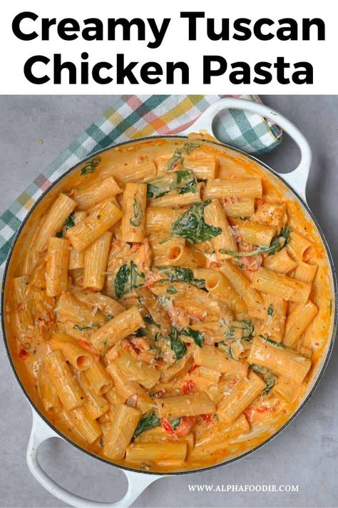 Restaurant-quality creamy Tuscan chicken pasta in under 30 minutes - a rich pasta dish made with seasoned chicken in a garlicky tomato, spinach, & parmesan cream sauce. Cream Chicken Pasta, Chicken Pasta Dish, Creamy Tuscan Chicken Pasta, Creamy Spinach Chicken, Spinach Parmesan, Tuscan Pasta, Chicken Spinach Pasta, Creamy Tuscan Chicken, Creamy Tomato Pasta