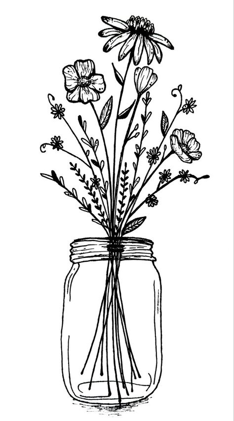 Mason Jar Tattoo, Wildflower Drawing, Pumpkin Turkey, Sharpie Drawings, Pen And Ink Drawings, Freehand Drawing, Wildflower Tattoo, Tole Painting Patterns, Fine Point Pens