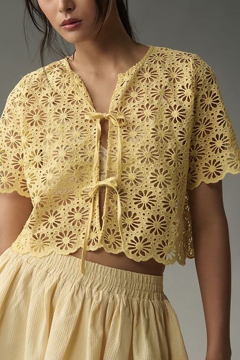 Eyelet Shirt, Upcycle Sewing, Japan Woman, Sunshine Yellow, Tie Front Blouse, Linen Style, Short Sleeve Cropped Top, Tie Blouse, Anthropologie Top