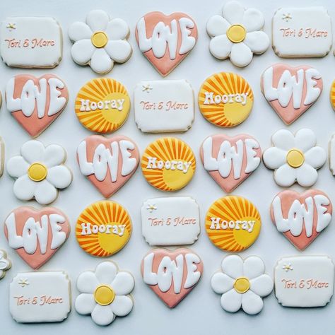 Retro Bachelorette Cookies, Retro Bridal Shower Cookies, Groovy Bachelorette Cookies, Good Vibes Cookies, Flower Power Bridal Shower Theme, Dazed And Engaged Bachelorette Cookies, Groovy Engagement Party, Dazed And Engaged Cookies, Groovy Bridal Shower Theme