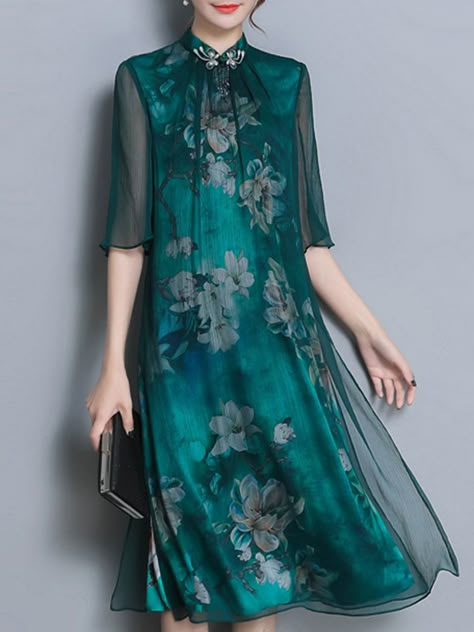 Sifon Dress, Dresses Printed, Chinese Dresses, Chinese Style Dress, Robes Vintage, Mother Of Groom Dresses, Printed Dresses, Half Sleeve Dresses, Designs For Dresses