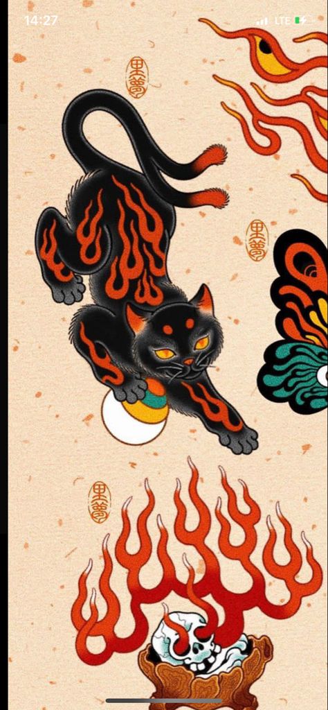 Banana Cat Tattoo, Japanese Traditional Patchwork Tattoo, Asian Pinup Tattoo, American Trad Cat Tattoo, Traditional Japanese Cat Tattoo, Animal Tattoos Traditional, Neojapan Tattoo, Bakeneko Tattoo, Asian Cat Tattoo