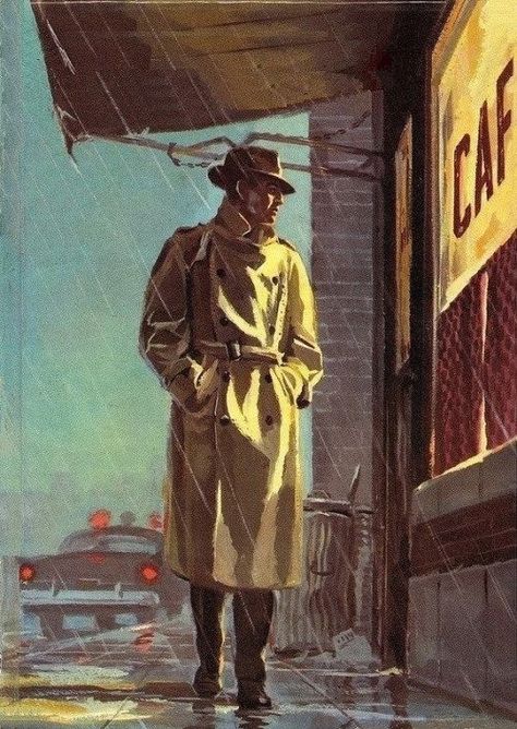 Film Noir Detective in the Rain Arte Jazz, Arte Pulp, Noir Detective, Detective Aesthetic, Illustration Kunst, Pulp Fiction Art, Arte Peculiar, Retro Kunst, Art Noir