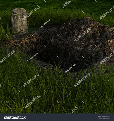 View of one open grave in a field with grass and a stone tablet. Night. 3D rendering, 3D illustration Open Grave, 3d Rendering, Graveyard, 3d Illustration, Image Illustration, Stock Illustration, Royalty Free Stock Photos, Stock Images, Tablet